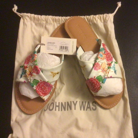 Johnny Was Shoes - Johnny Was Andra Crossover Leather Floral Sandal Flats - Sze 9